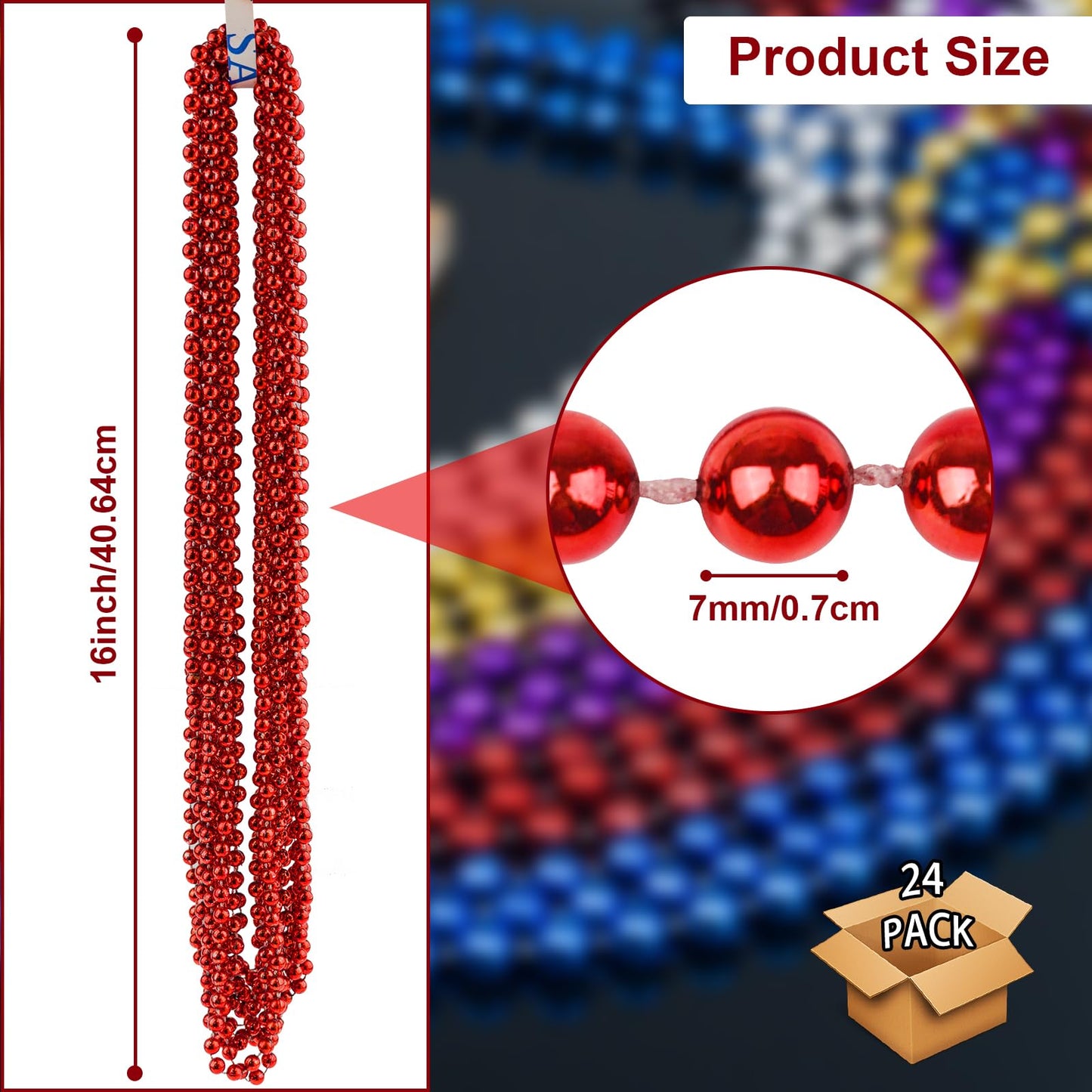 SHAOQINLIN 24 Pcs 33 Inch 7 mm Metallic Red Bead Necklace, Mardi Gras Party Beaded Necklace 4th of July Round Beads Necklace Bul