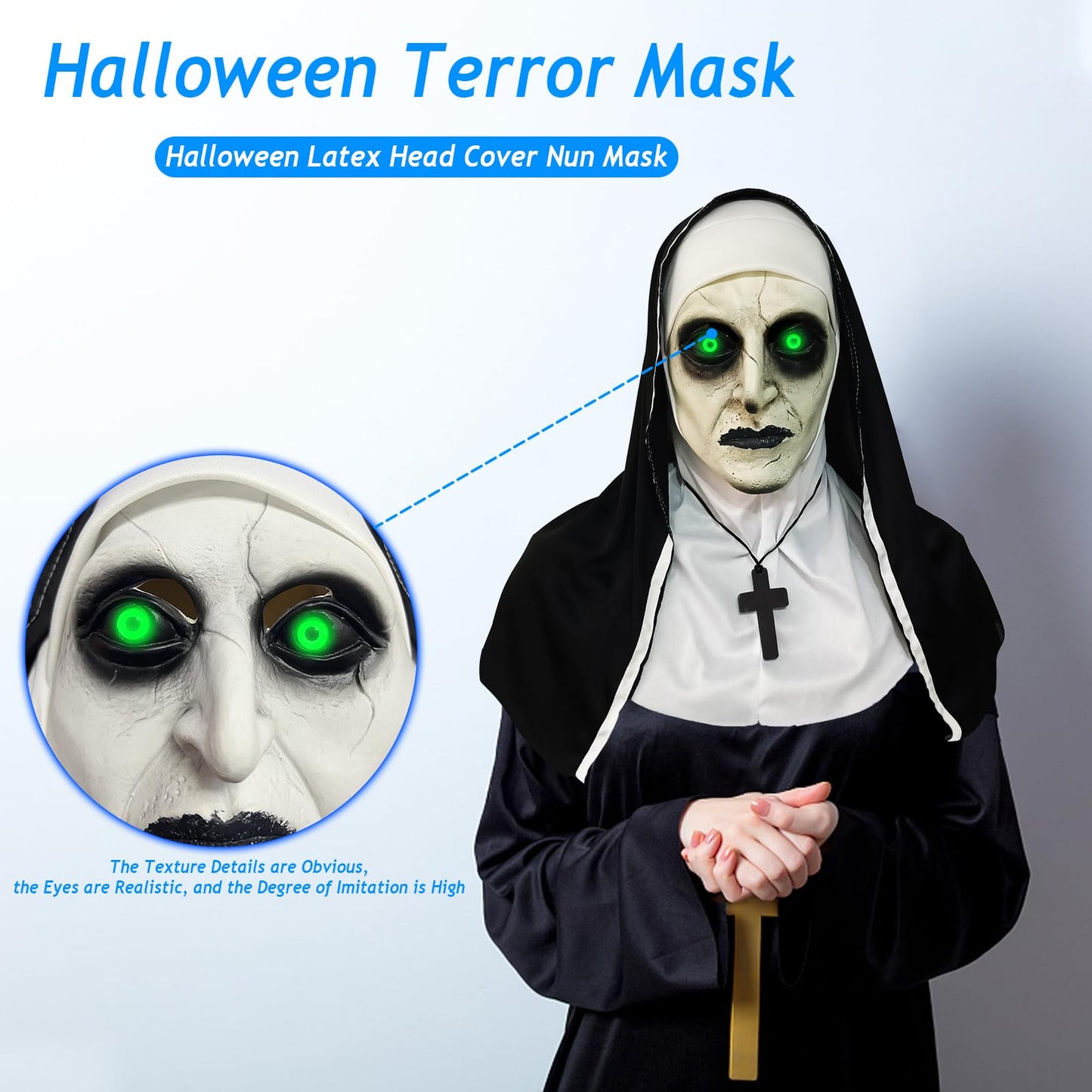 lewexiison 2024 Nun Scary Mask,Halloween Party Scary Full Head Costume Mask with cross necklace,Shut Up Lights