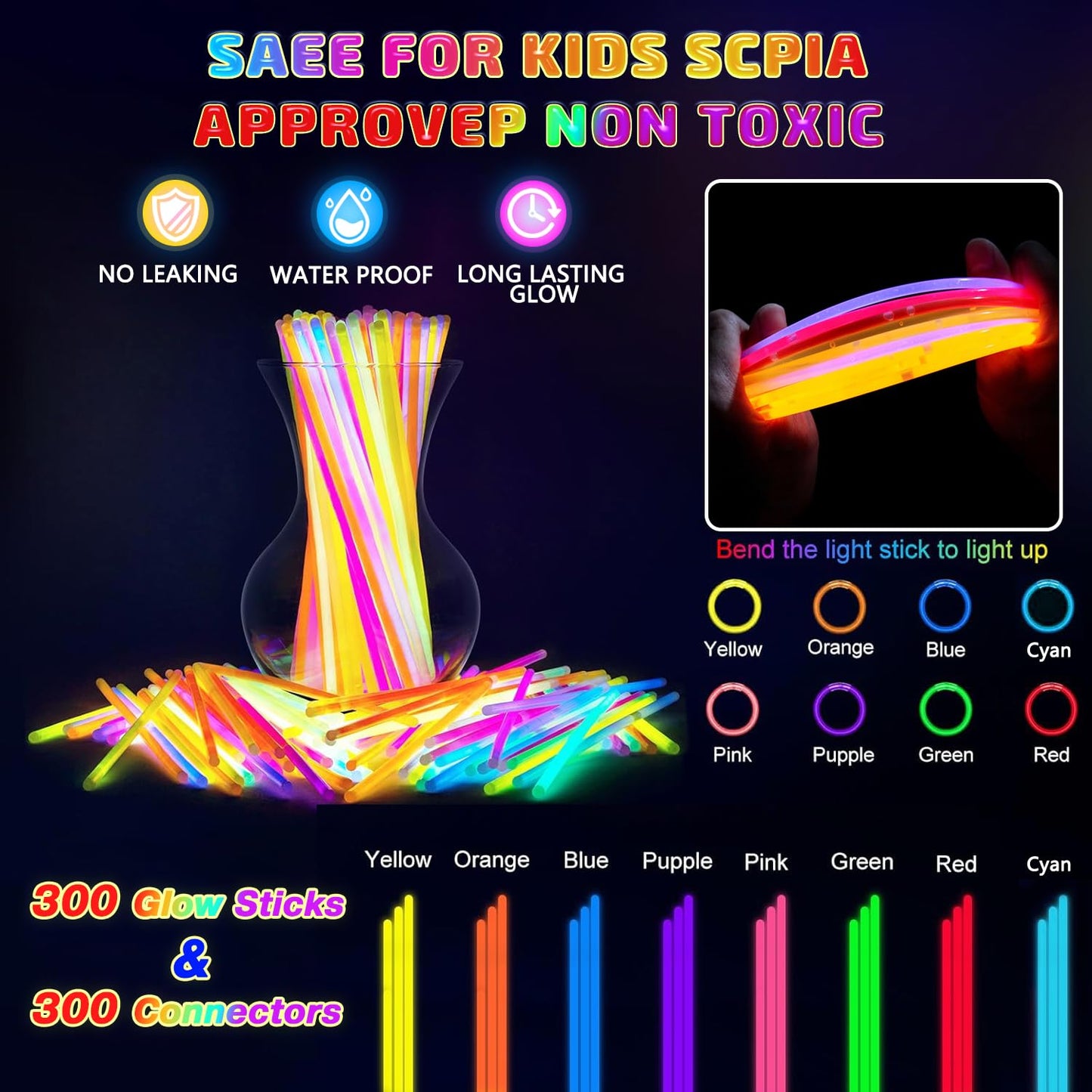 HONLYNE 300 Pcs Glow Sticks Bulk Party Pack, 8 Glow in the Dark Party Supplies, Glow in the Dark Light Up Sticks with Connecto