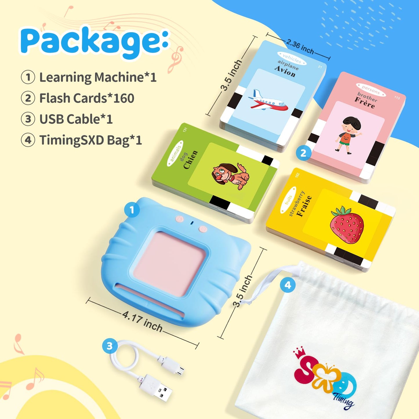 TimingSXD Bilingual Flash Cards - French & English Learning Toy, 4.72x3.54in, Blue, Ages 2+