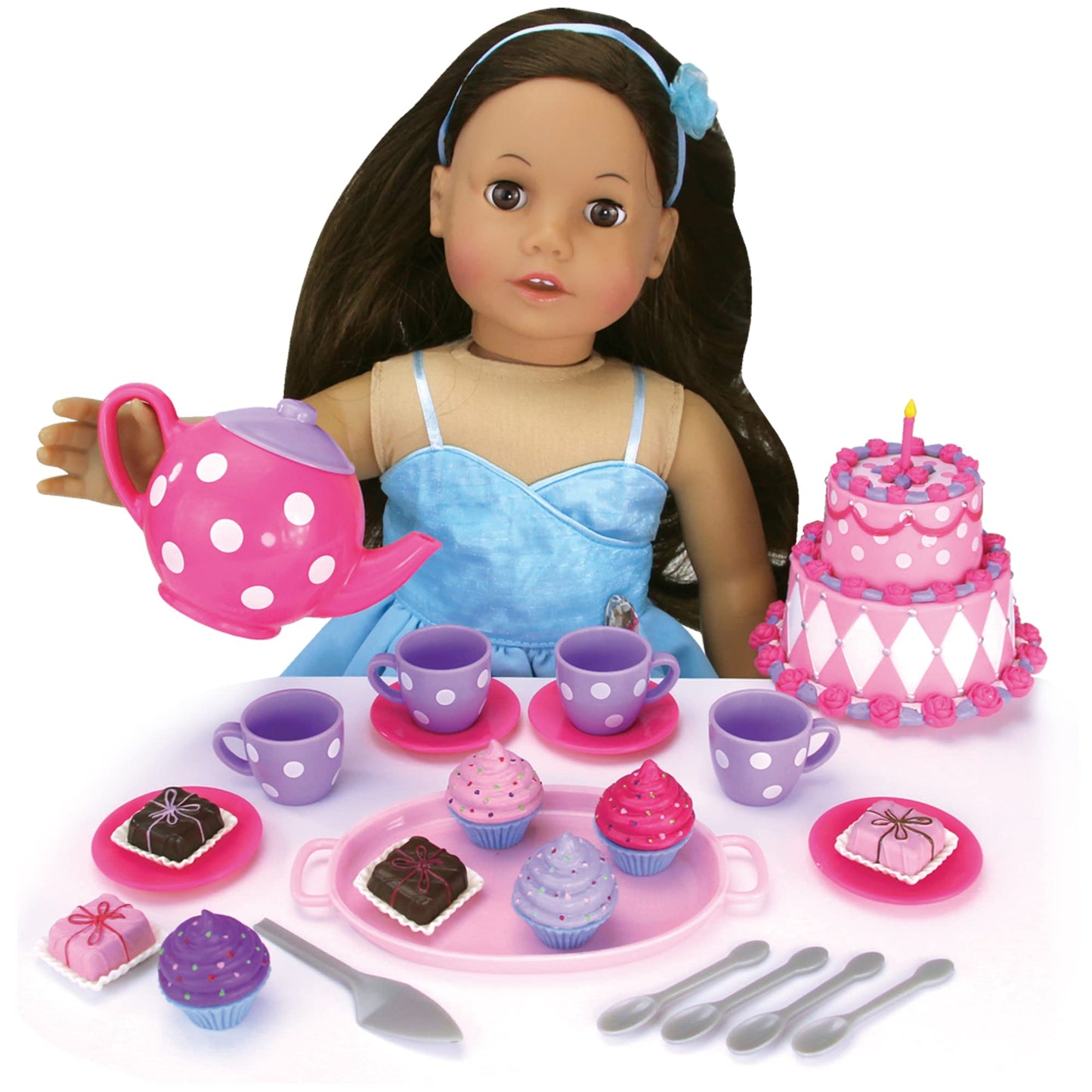 Sophia's Cake & Tea Party Accessories Set for 18" Dolls, Pink/Purple, Includes Teapot, Teacups, Utensils, and Pretend Desserts