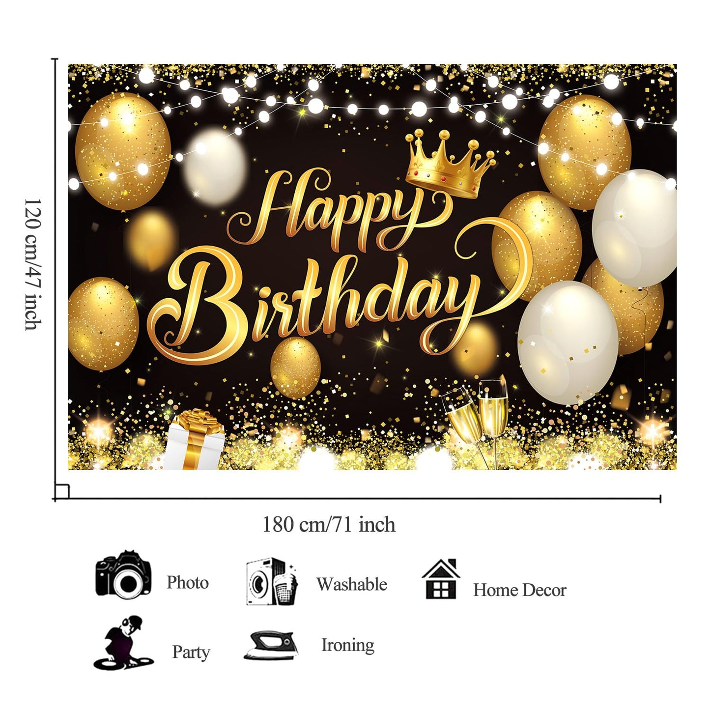 YinQin Black Gold Happy Birthday Backdrop 180x120 cm - Glitter Photography Background for Men & Women