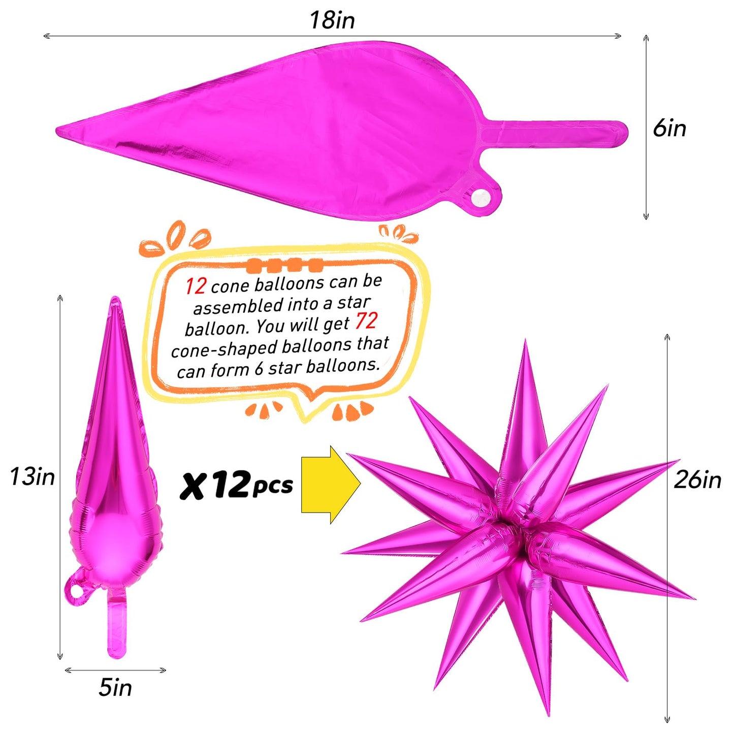 Hot Pink Star Balloons, 72 Pcs Star Foil Balloons, Explosion Starburst Cone Mylar Balloons Spike Balloons For Christmas Party Su