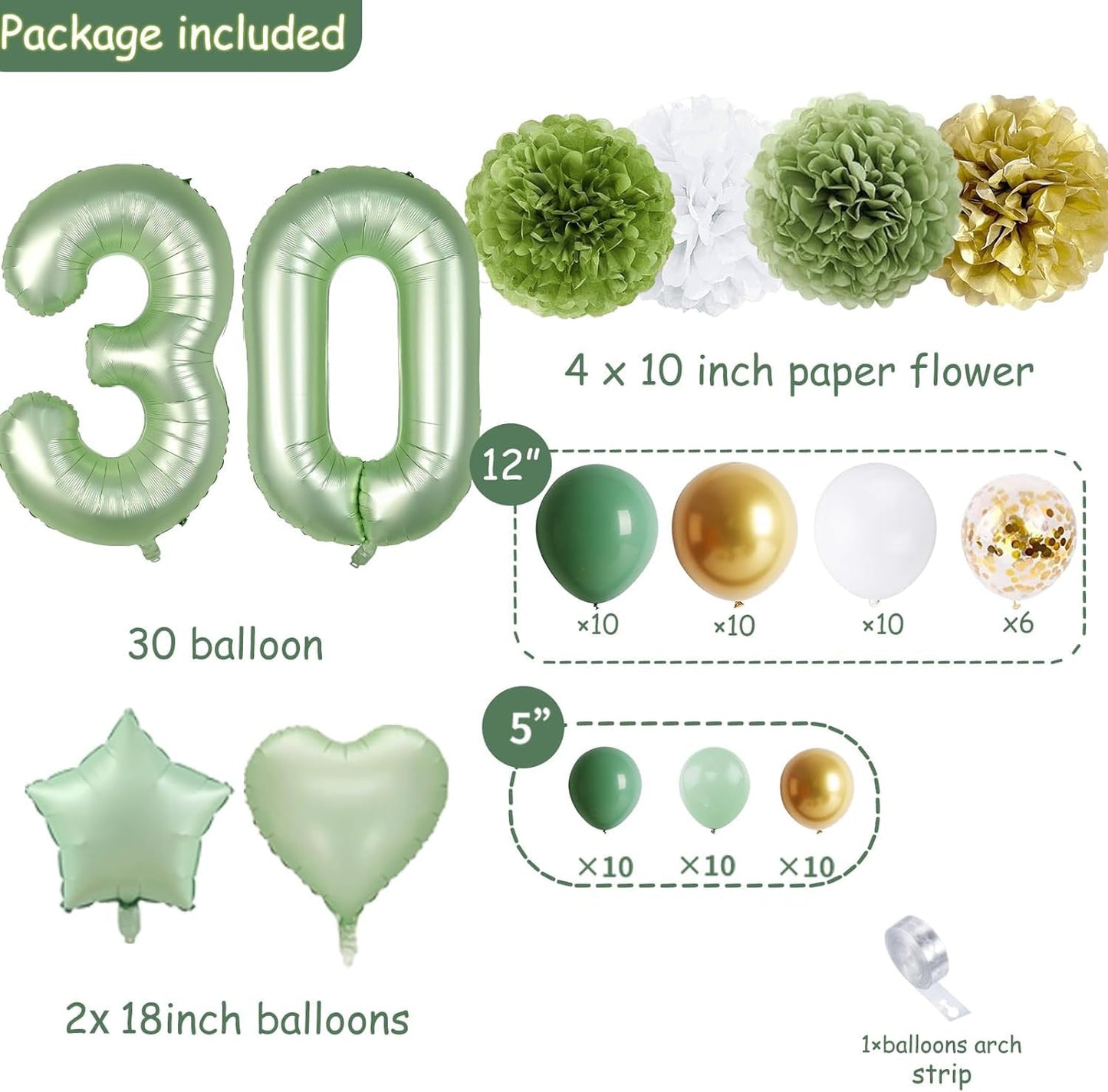 Sage Green 30Th Birthday Decorations,Olive Green Gold Balloon Garland,Happy Birthday Banner,Tissue Pom Pom,Foil Backdrop,Cake Topper For Women Her Boho Neutral Green 30Th Birthday Anniversary Supplies