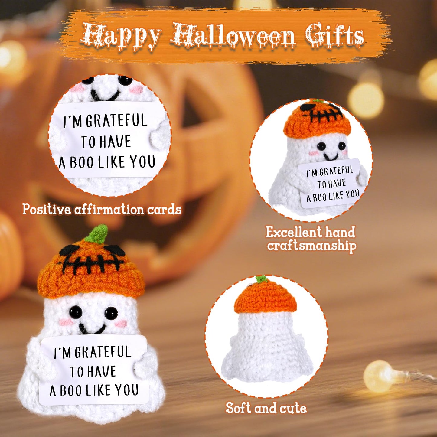 Boo Basket Stuffers for Women Men, Halloween Ghost Handmade Positive Crochet Doll, Funny Halloween Ghost Decor for Girlfriend Bo