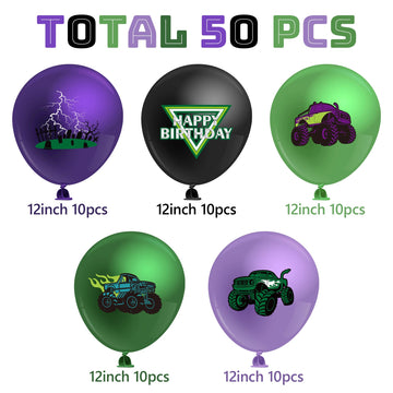 Haooryx Monster Truck Birthday Balloon - 50Pcs Green Purple Monster Truck Lightning Print Latex Balloon Kit For Kid Boy Baby Shower Happy Birthday Themed Party Decoration Photo Prop Backdrop Supply