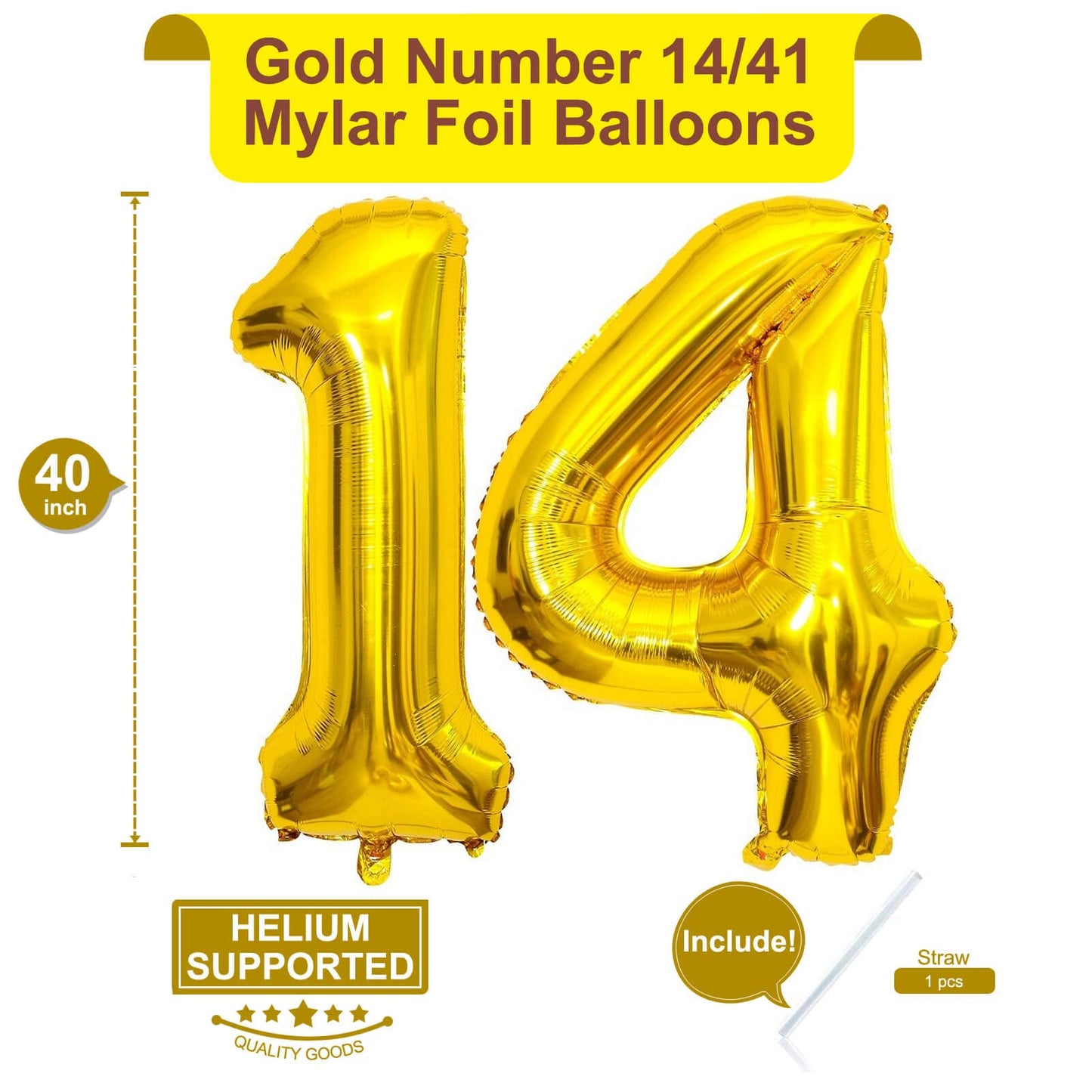LHOAVWE 40 Inch Gold 14 Number Balloons - Aluminum Birthday Party Decorations