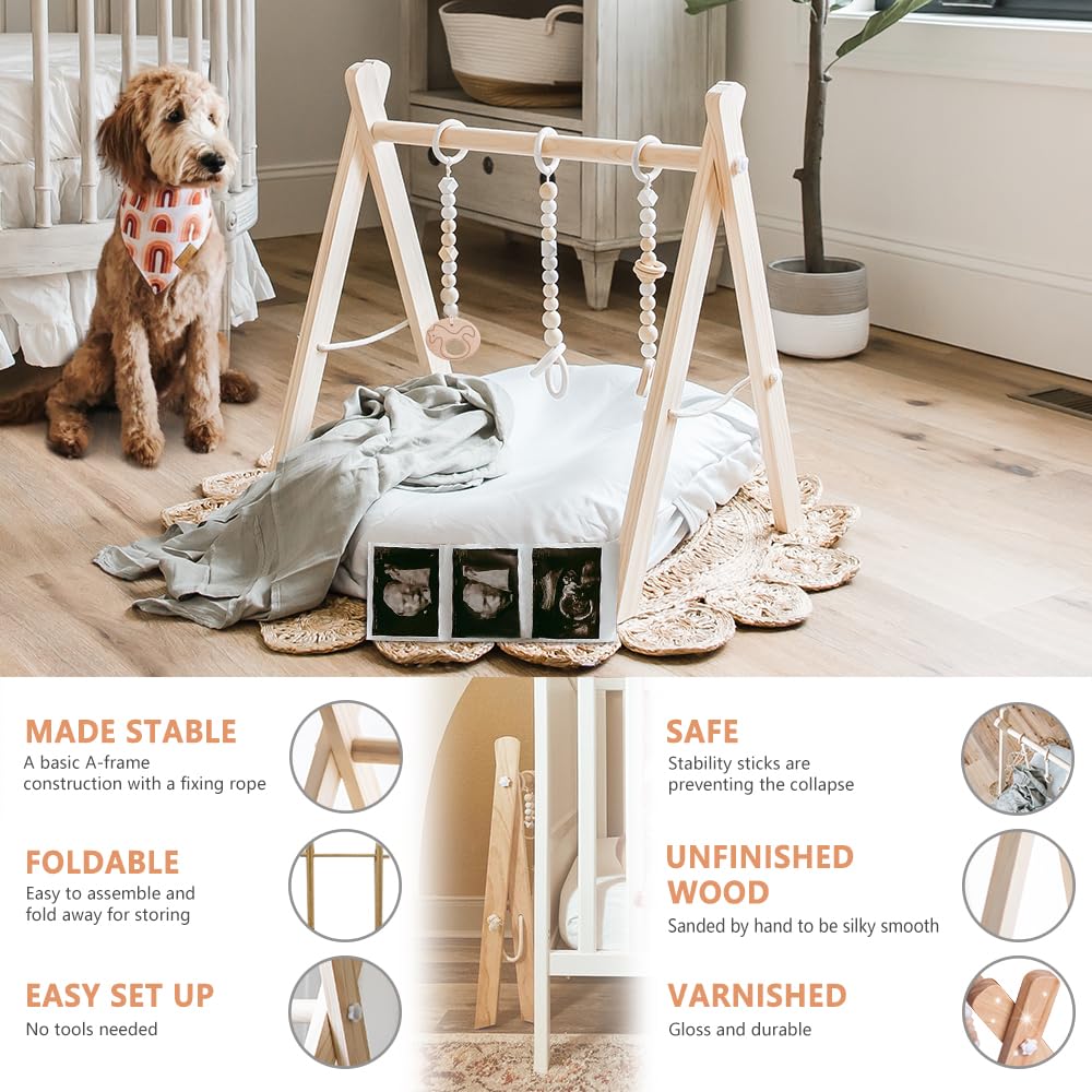 Little Dove Baby Play Gym Wooden Baby Gym With 6 Toys Foldable Play Gym Frame Activity Gym Hanging Bar, Baby Toy Natural Wood Play Gym Baby Exercise Activity Gym Hanging Bar Newborn Baby Gift