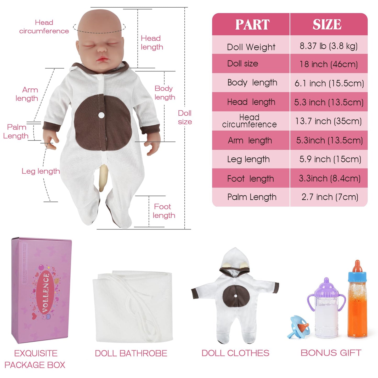 Vollence 18 Inch Eye Closed Full Body Doll Girl,Not Vinyl Dolls,Sleeping Lifelike, Bald,Soft Realistic Solid Platinum Silicone Baby Doll