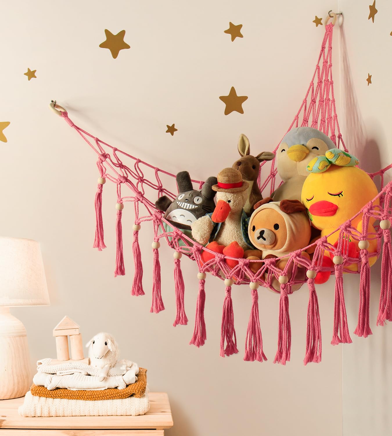 Stuffed Animal Storage Hammock Corner With Led Light - Toy Hanging Organizer Plushie Net - Pink Room Decor For Teen Girls - Cute