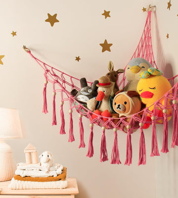 Stuffed Animal Storage Hammock Corner With Led Light - Toy Hanging Organizer Plushie Net - Pink Room Decor For Teen Girls - Cute