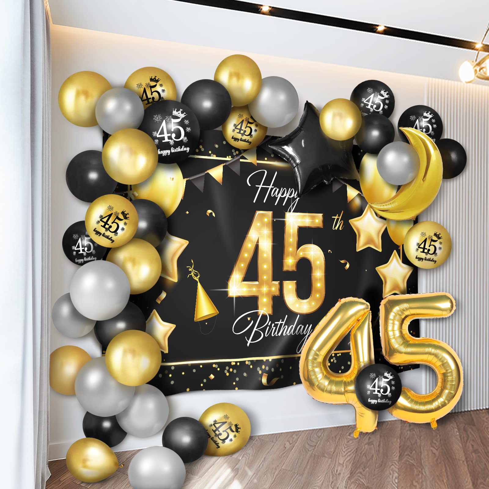 Happy 45Th Birthday Balloons Gold Set Decor - Cheers To 45 Years Old Party Theme Garland Star Moon Banner Backdrop Decorations F