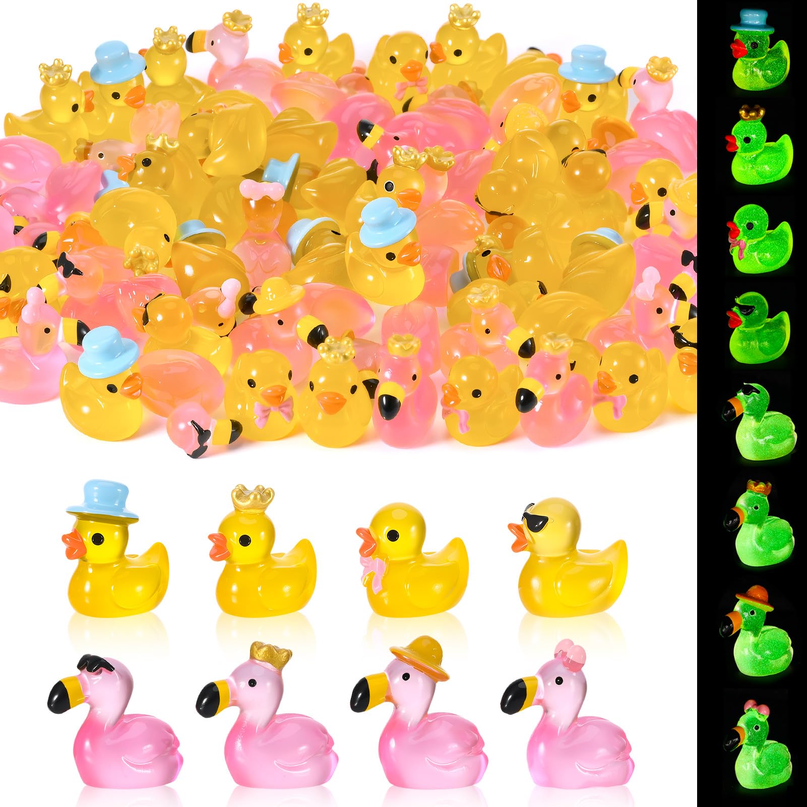 GGSTDDUP 80 Pcs Mini Resin Flamingo Ducks  Luminous Tiny Ducks Figurines to Hide  Miniature Pink Flamingo Glow in The Dark for DIY Landscape  Fairy Garden  Dollhouse  Aquarium  Cake Decor (8 Styles)