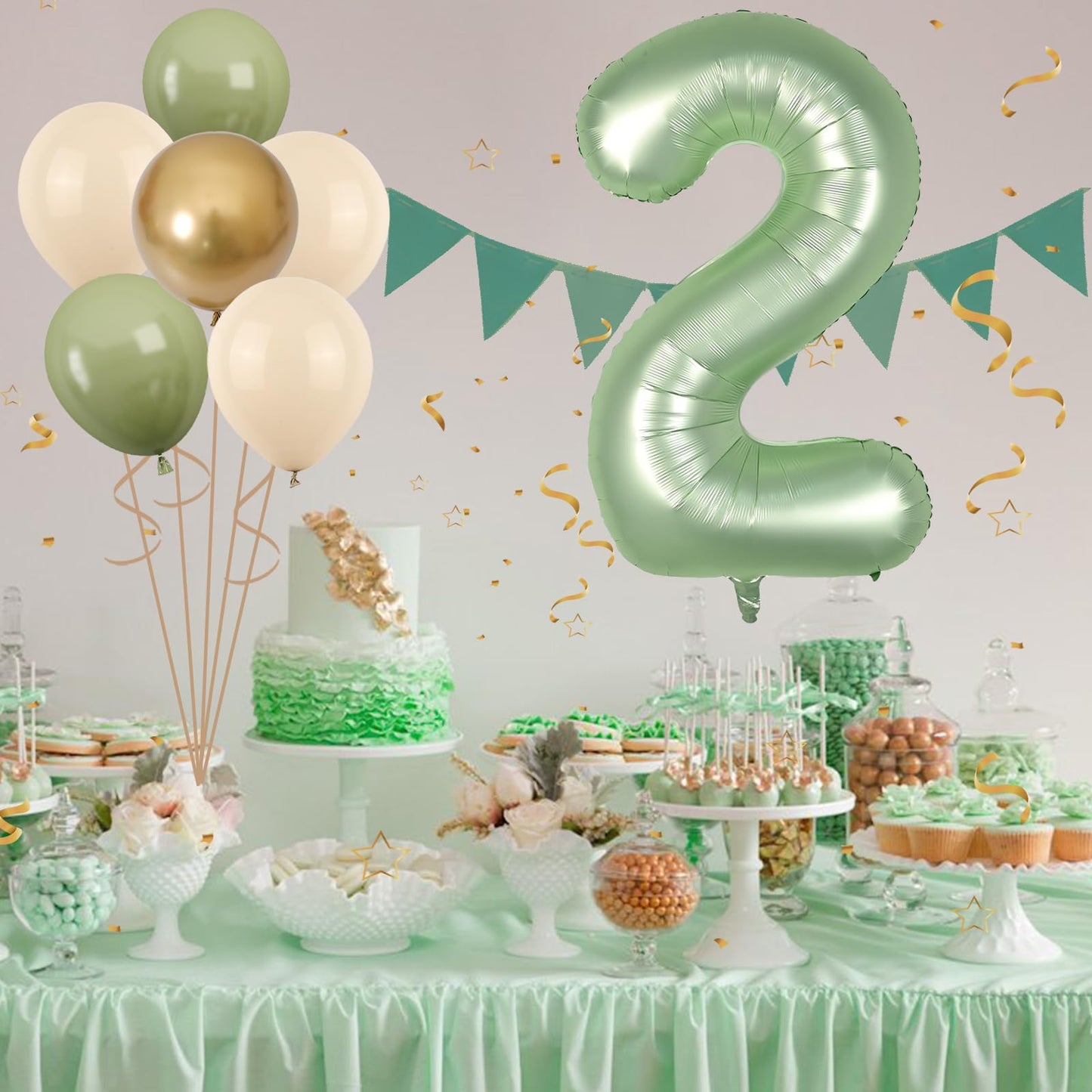 FunHot 40 Inch Sage Green Number 2 Balloon - Olive Green Foil for 2nd Birthday, Jungle Party Decorations, Rubber Material