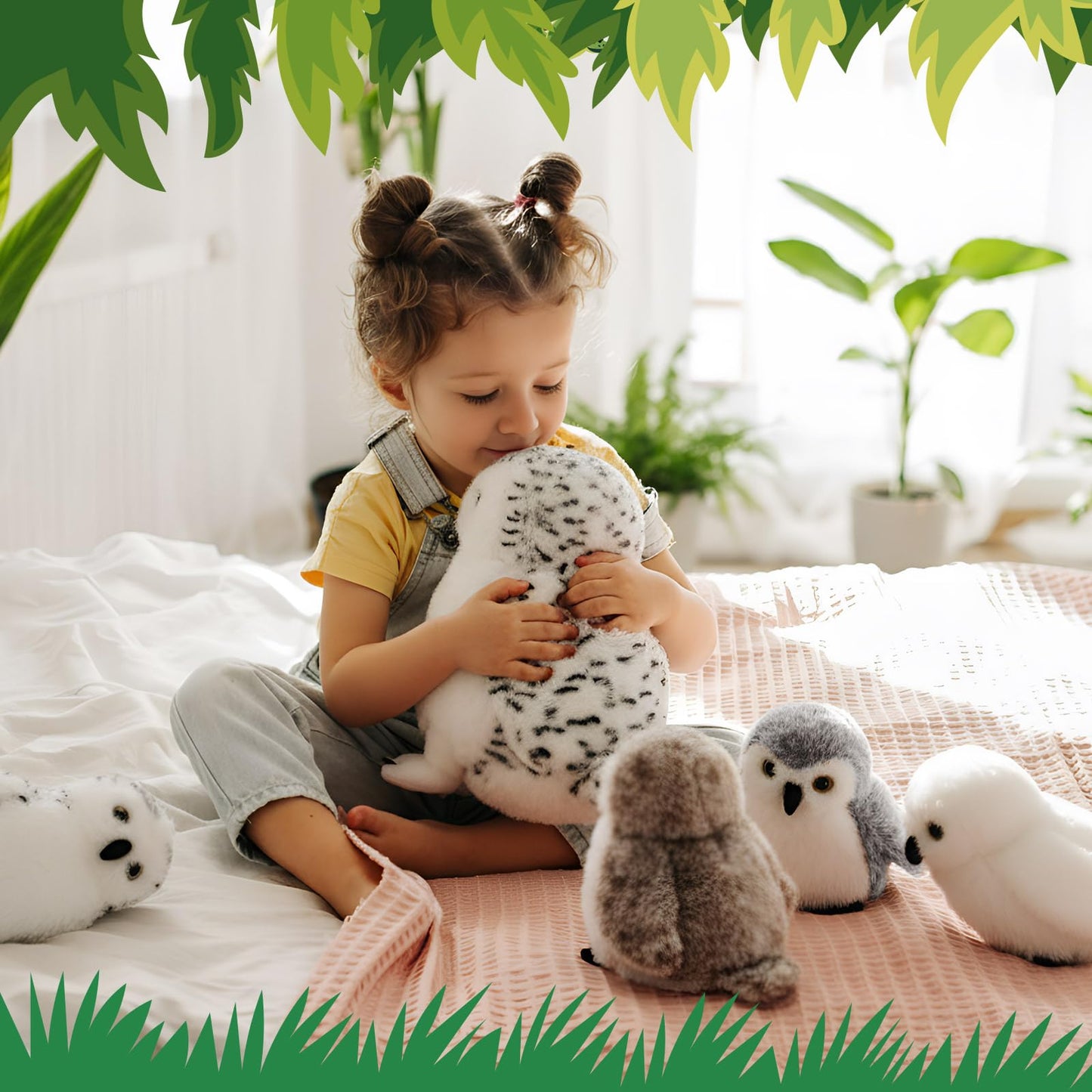 Hollowfly 5 Pcs Snowy Owls Plush Toy Gift Set 12.6 Mom Owls with 4 Cute Babies Stuffed Animal in Zippered Back Nurturing Plushes