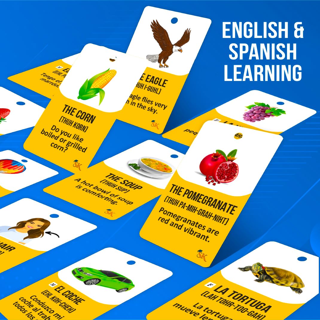 Study Key English Spanish Flash Cards - 300 Vocabulary Cards for Adults & Kids, Medium Size, Cardstock Material