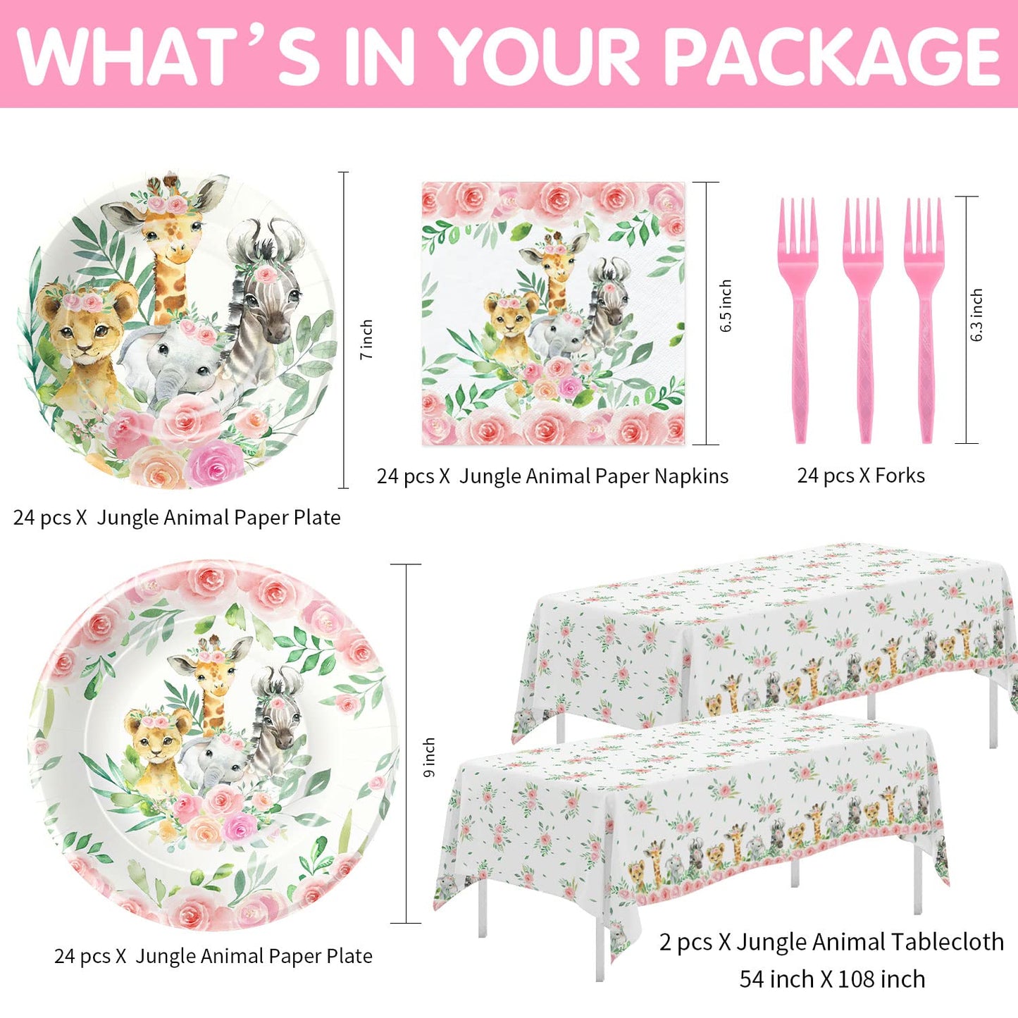 HIPVVILD Jungle Theme Party Supplies Tableware Girl - Safari Birthday Decorations Dinnerware, Plate, Napkin, Tablecloth, Fork, P