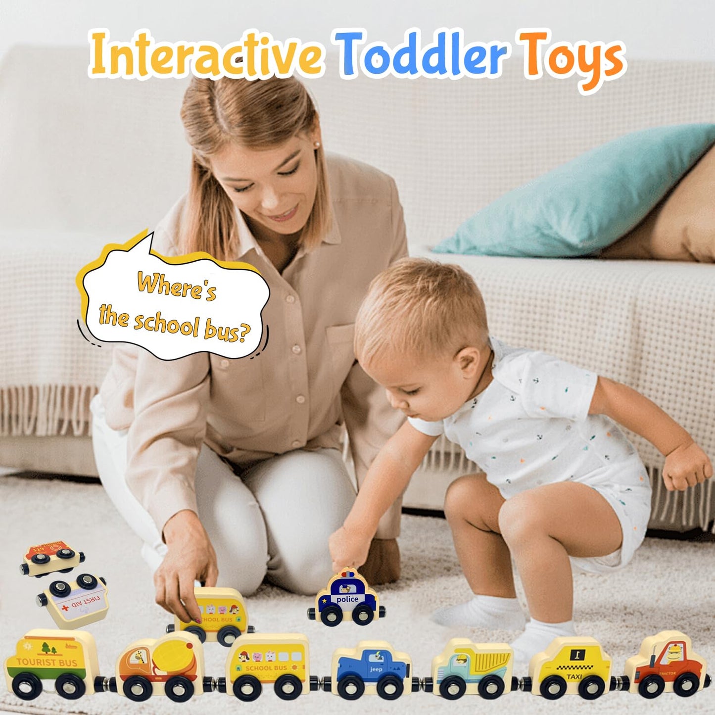 Montessori Toys For Toddler Age 1-3, Toddler Toy Wooden Magnetic Traffic Train Set With Playmat/Storage Bag For Baby Boy, Birthd