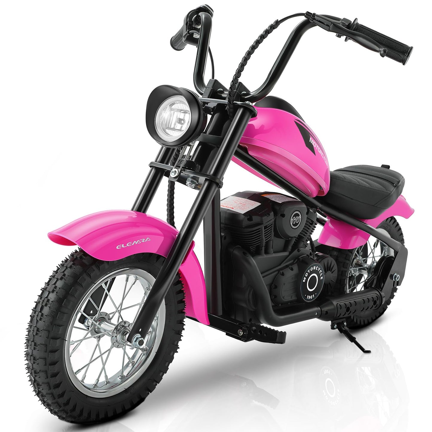 Elemara Electric Dirt Bike, 24V Ride On Toy For Big Kids,15 Mph & 150Lb Max, Kids Motorcycle W/Raised Handlebars, Power Display, Twist-Grip Throttle,Shock Springs, Key Start,Handbrake, 12' Tires-Pink