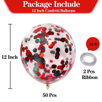 50Pcs Black Red Foil Confetti Balloons,12 Inch Latex Balloon With Black Red Confetti Inside For Birthday Family Party Graduation Decorations
