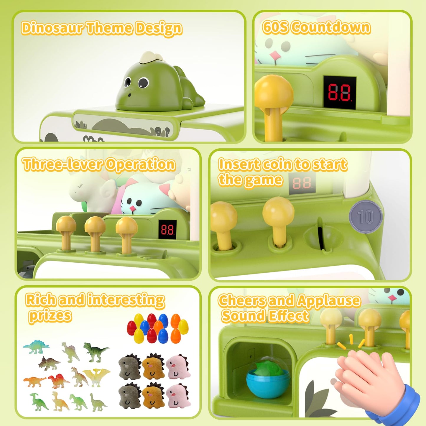 Skirfy Dinosaur Claw Machines For Kids,Electronic Arcade Game Vending Machine Toys With 34 Dinosaur Toys & Sound,Candy Dispenser