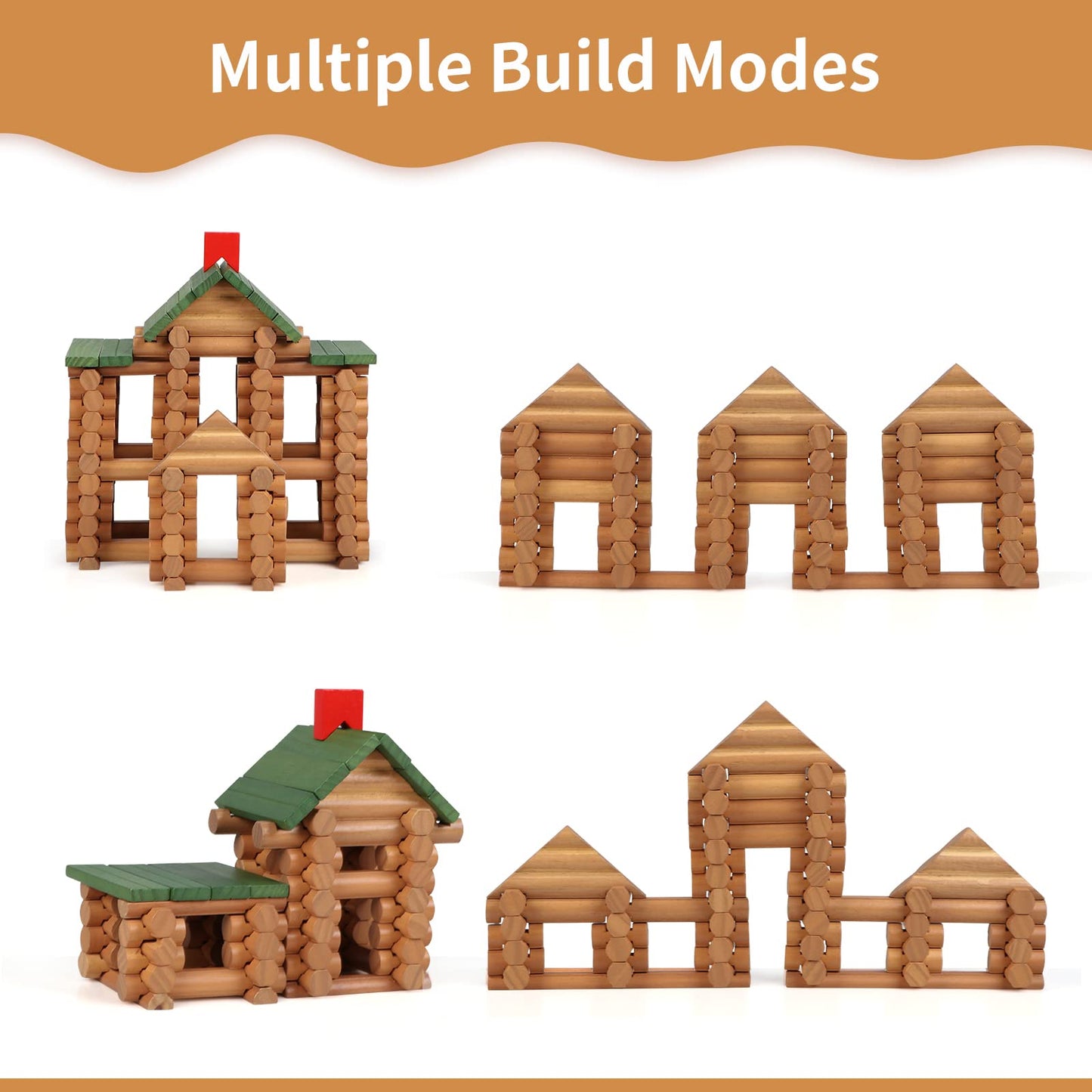 Wondertoys 328 Pcs Wooden Logs Set Ages 3+, Classic Building Log Toys For Kids, Creative Construction Engineering Educational Gi