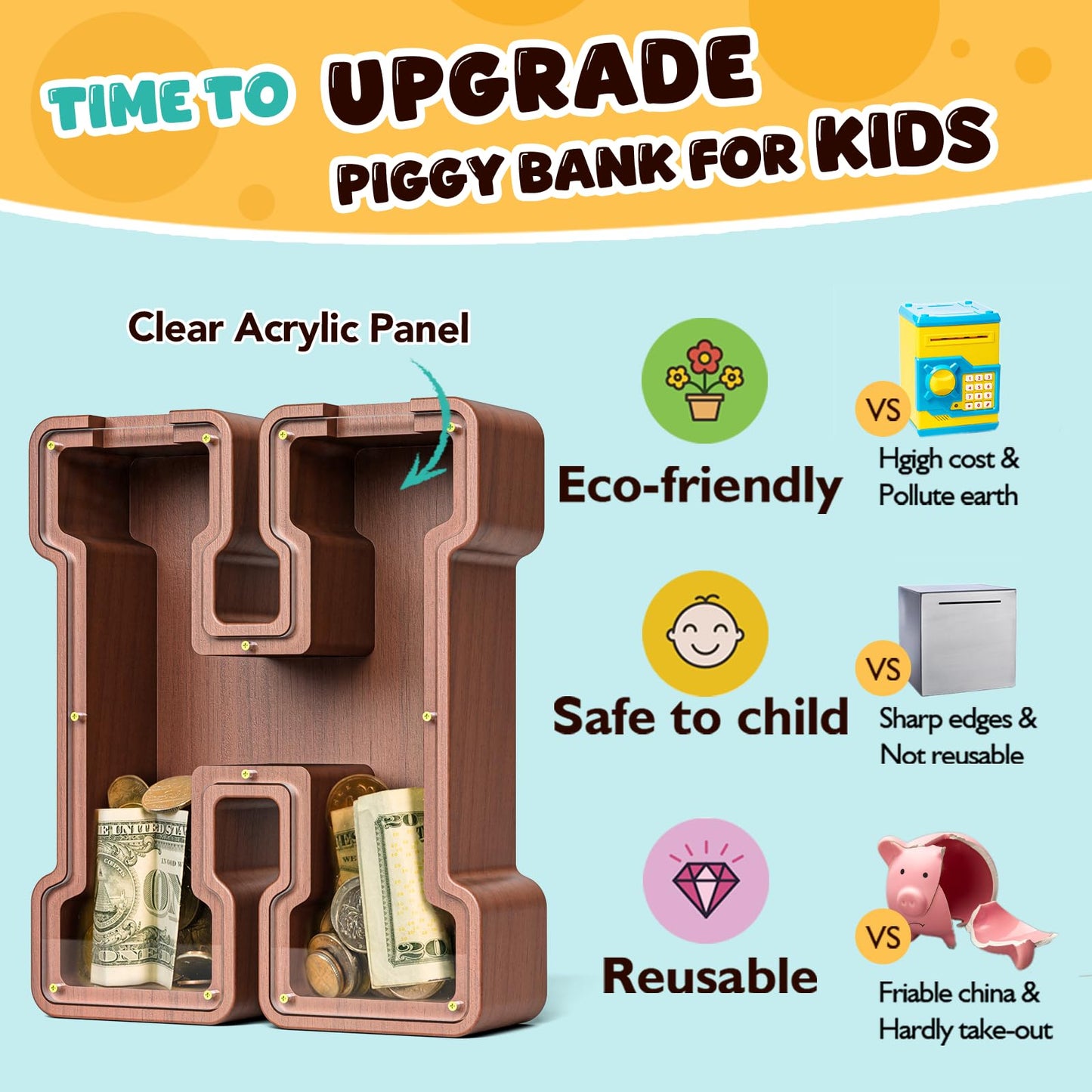 Summidate Wooden Letter Piggy Bank, Extra Thick Large Capacity Piggy Bank For Kids Boys Girls Toddler, Alphabet H Money Bank| Co