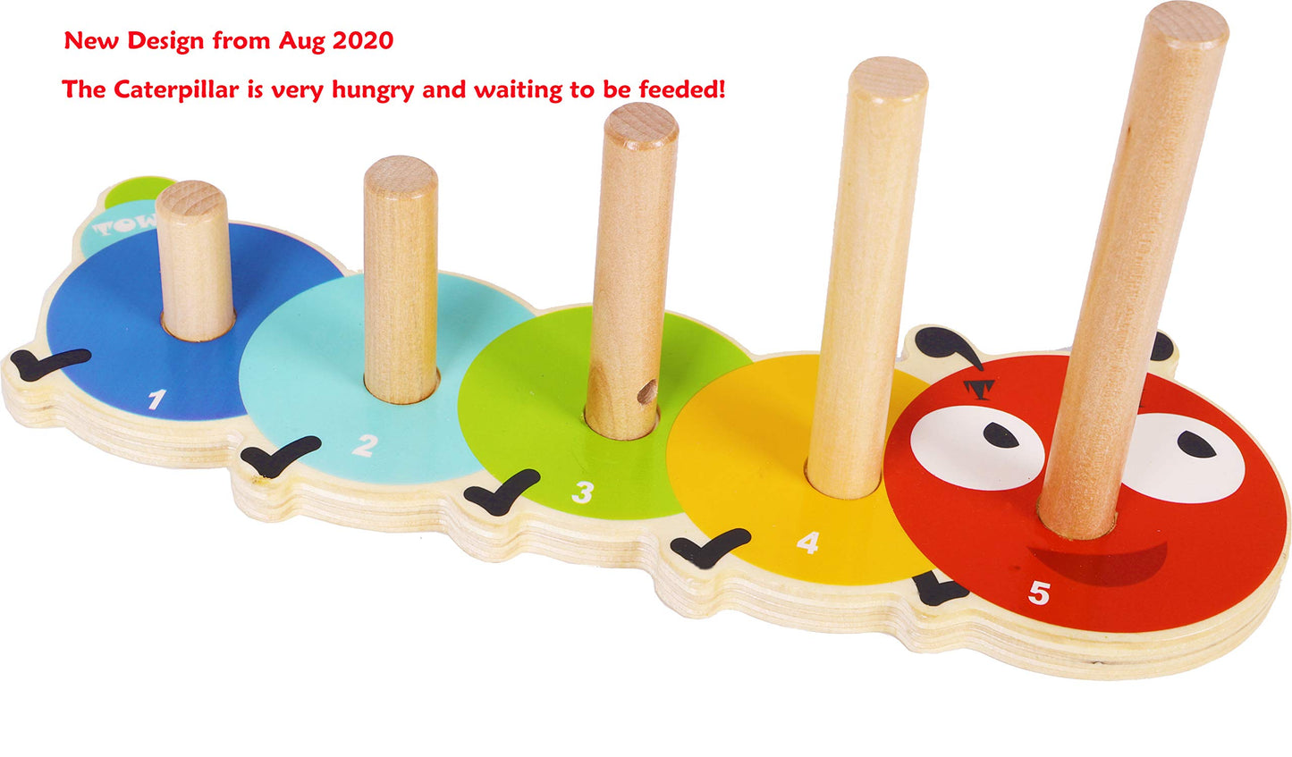 Toys of Wood Oxford Wooden Stacking Rings - Caterpillar Counting Game, 15 Pieces, Small, Color Sorting Puzzle for 1 Year Olds