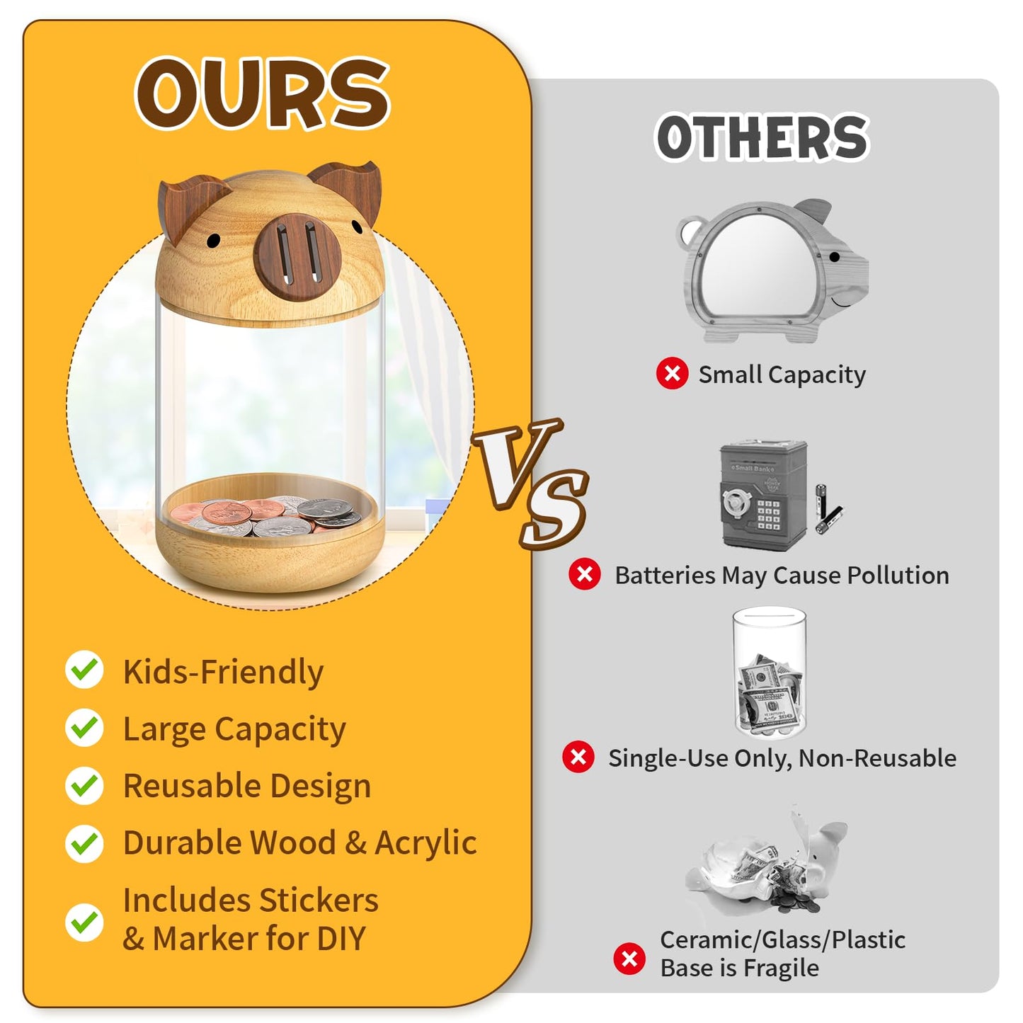 Hizgo Wooden Piggy Bank For Kids Adults, Clear Savings Jar For Boys And Girls, Unbreakable Money Coin Bank For Kids Birthday