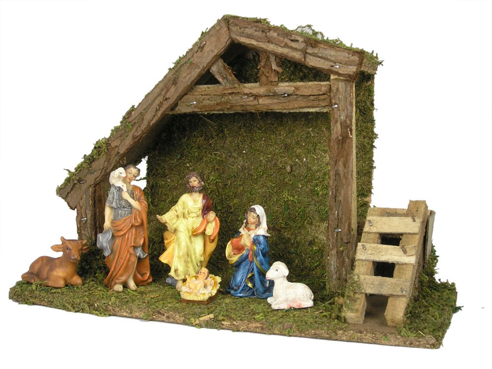 HOLY FAMILY NATIVITY CHRISTMAS SCENE - Nativity set includes a 8H wood stable and 6 polyresin nativity figurines - Baby Jesus, M