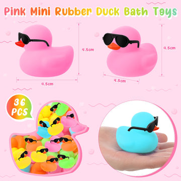 Sosation 36 Packs Mini Rubber Ducks With Sunglasses Sets 2.2 Inch Bath Squeaky Rubber Duckies Cute Float Bathtub Toys For Little One Birthday Party Favors Class Prizes Car Decor(Mixed Colors)