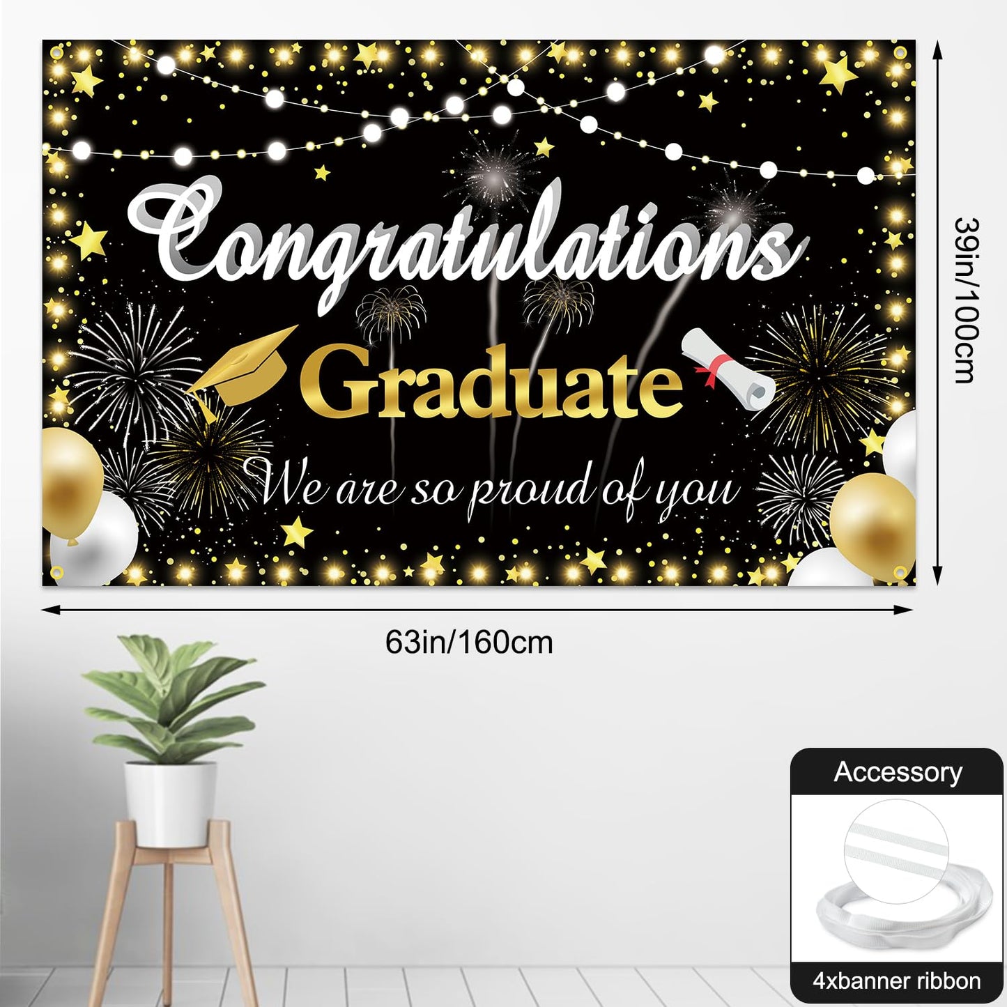Graduation Backdrop 2024 Congrats Grad Banner Black Gold Graduation Banner.Class of 2024 Graduation Decorations Photography Back