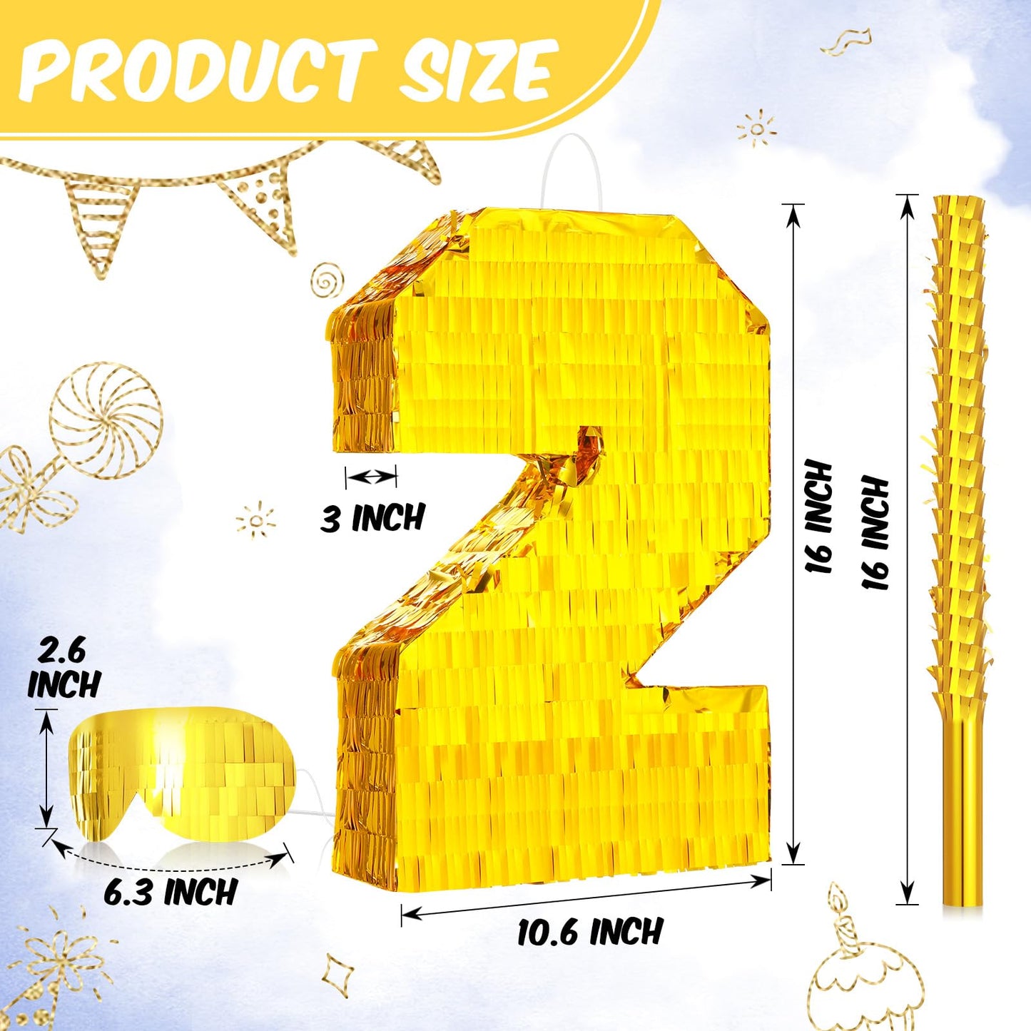 Sratte Piata Birthday Party Decorations Gold Foil Piata with Stick Blindfold Confetti for Boy Girl Birthday Anniversary Celebrat