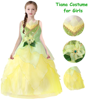 Axaxa Princess Tiana Costume For Girls - Princess And The Frog Dress With Accessories