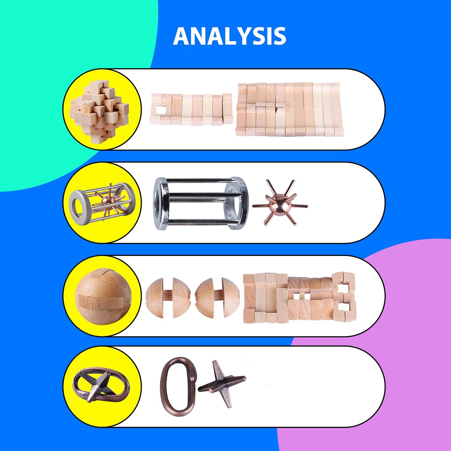 ActPo 4Pcs Wooden and Metal Puzzles Gift for Kids and mature-themed Educational Toys Office Toys 3D Unlock Interlock Assorted Brain Teasers Puzzles