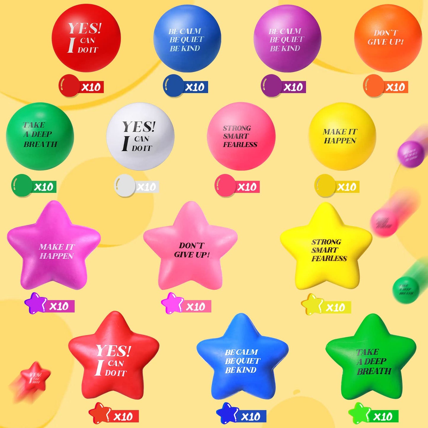140 Pcs Motivational Stress Balls Quotes Relief Star Shape Anger Management Colorful Hand Excerise Foam Balls for Anxiety Tensio