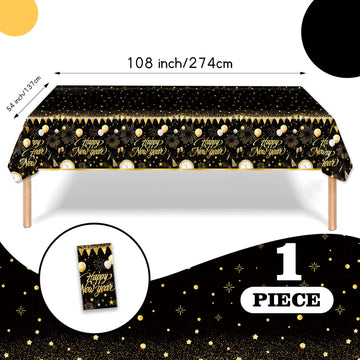 1PC Happy New Year Tablecloth, Disposable Black Gold NYE Party Tablecloth Decorations, Rectangular Plastic Happy New Year Table