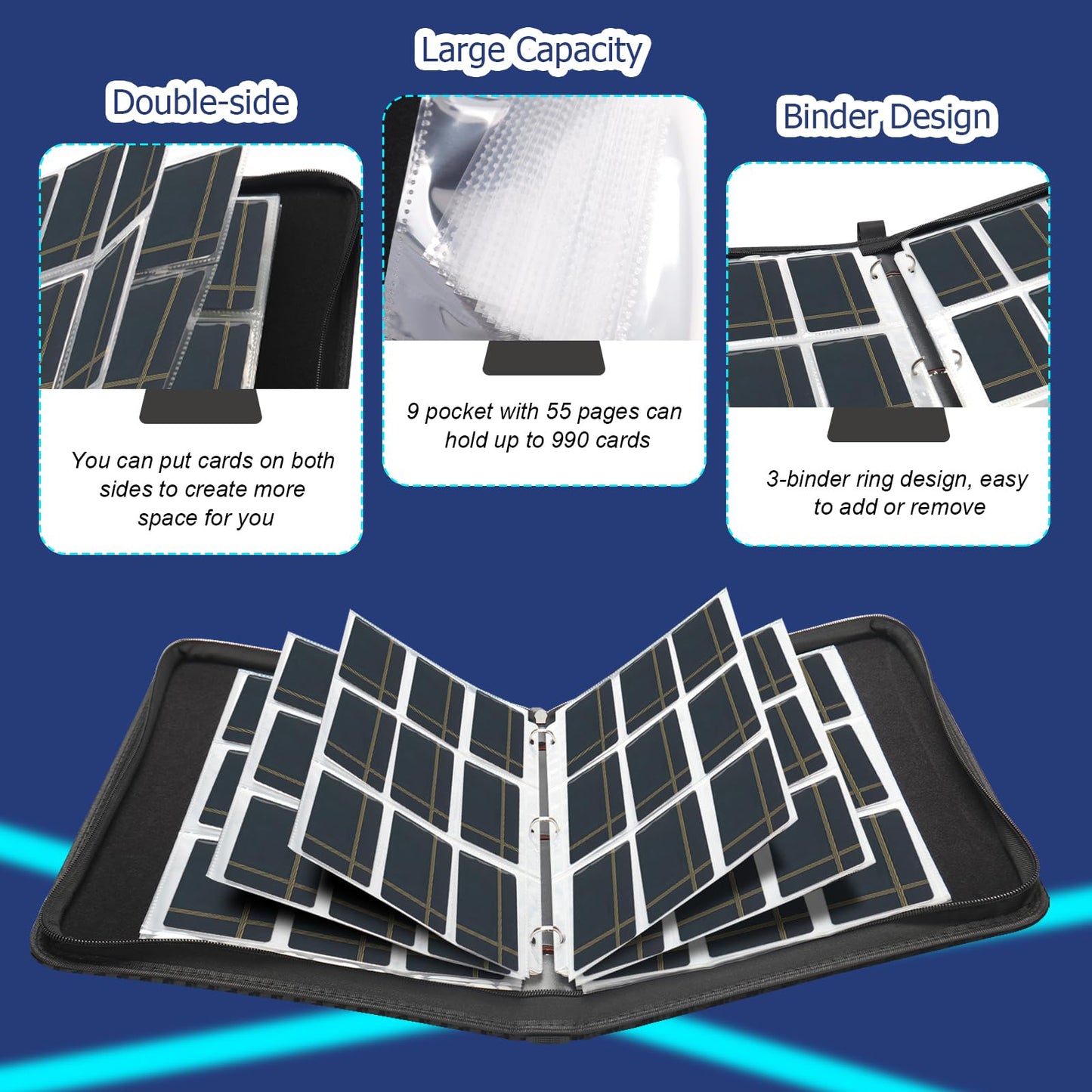 9 Pockets Trading Card Binder  900 Pockets Card Binder with Sleeves Card Organizer  Card Collection Binder with Zipper Baseball Card Binder for Sports Card and Kids Organized (Black)