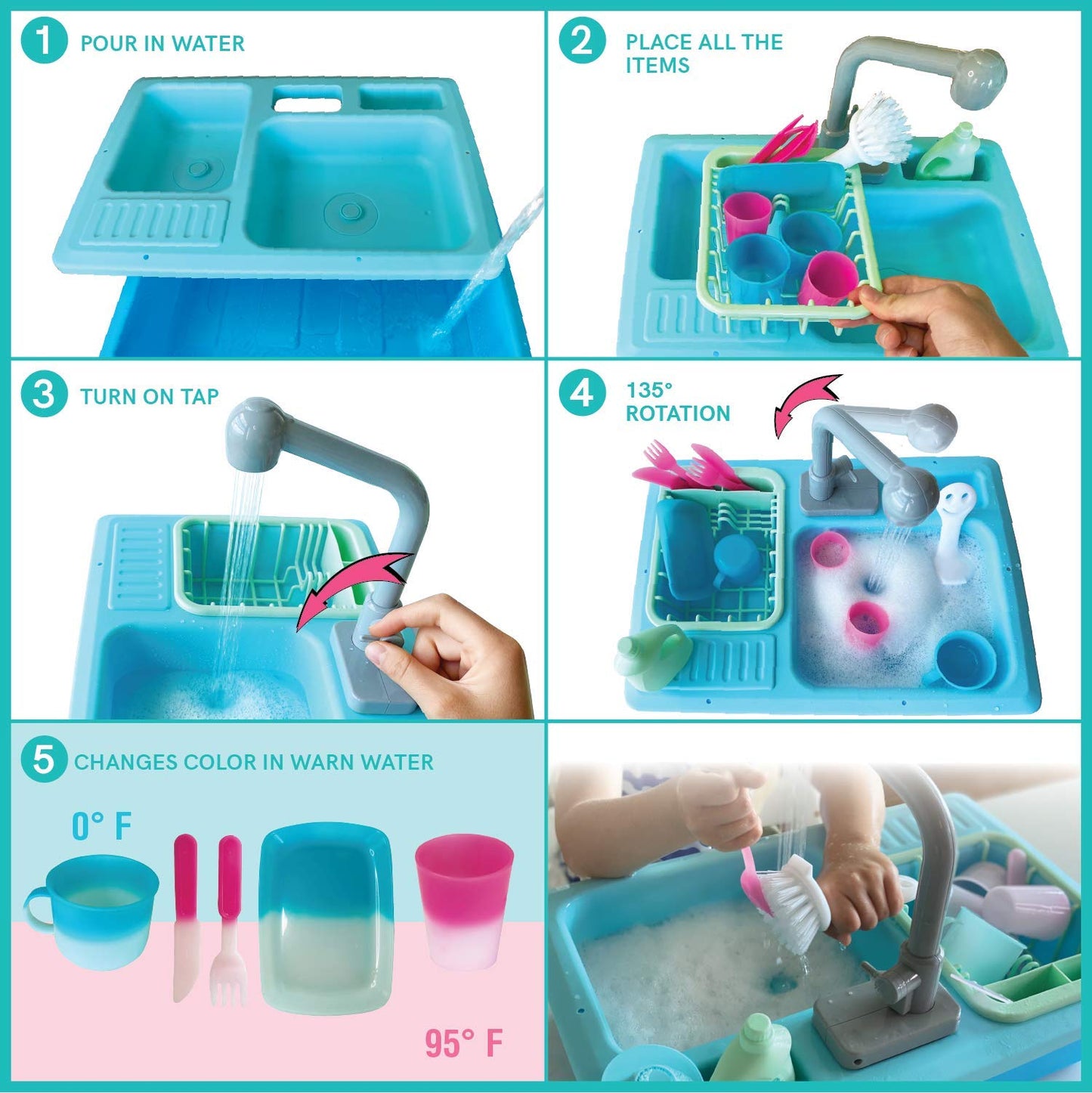 The Bubble Factory SPLASHFUN Wash-up Kitchen Sink Play Set, Color Changing Play Cups & Accessories, Running Water Pretend Play,