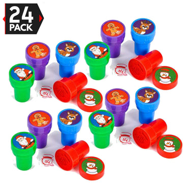 24 Christmas Assorted Bright Colored Plastic Stamps - Self Ink Christmas Stampers - Fun Gift, Party Favors, Party Toys, Goody Ba
