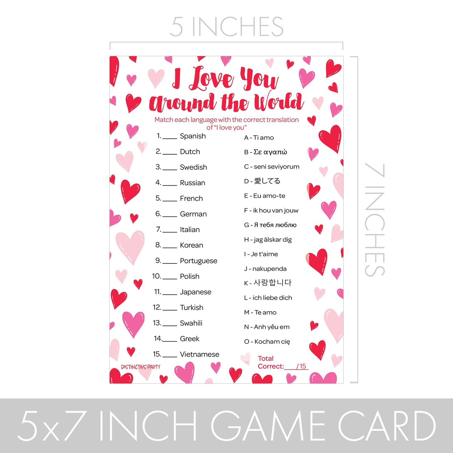 DISTINCTIVS Valentine’s Day Game - 25 Player Cards, Educational Language Matching, Red & Pink, Model GAM-HOL-V06-b