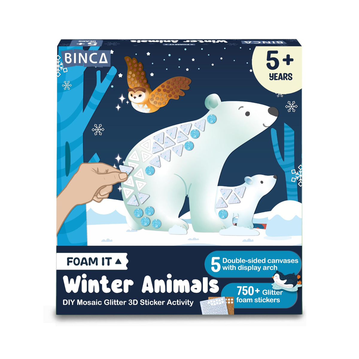 Binca Foam Sticker Mosaic Art Activity, 750+ 3D Glitter Foam Stickers, 5 Winter Animals With Display Arch, Diy MessFree Activit