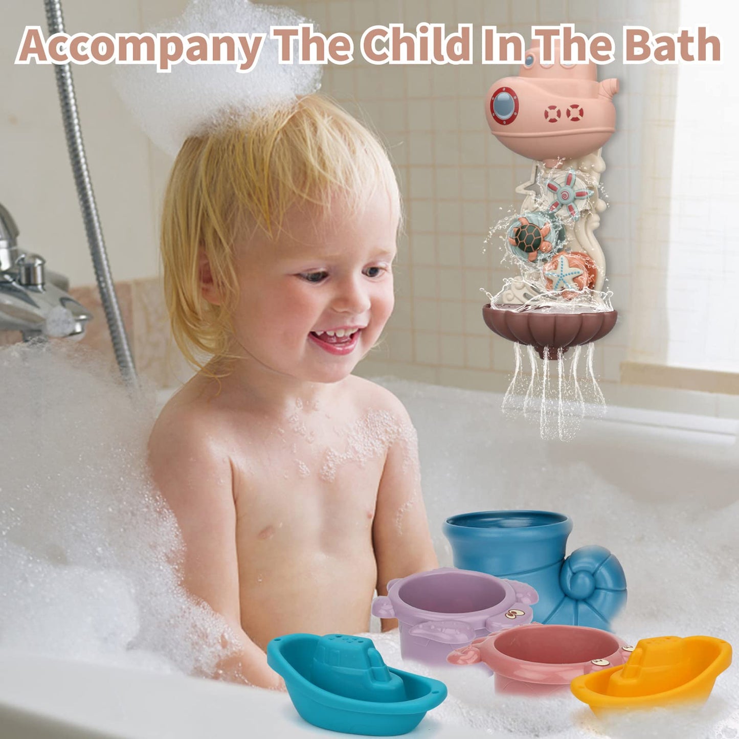 Lzzapj Bath Toys For Toddlers Age 2-4, Bathtub Water Toys For Kids Age 1-3, Toddler Bath Toy Contains 4 Stackable Cups And 2 Boats And 1 Conch Spoon, Gift For Infants Boys Girls 6-12 Months