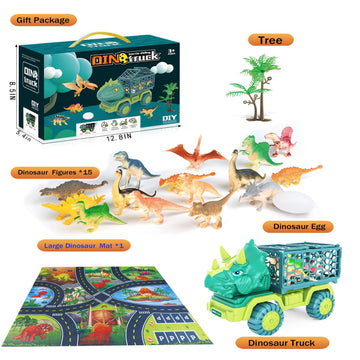 Hongid Dinosaur Truck Toys For Kids 3-5, Triceratops Car Toy With 15 Dino Figures,Large Activity Play Mat, Dinosaur Eggs, Dinosaur Play Set For Boys And Girls,Christmas Xmax,Stocking Stuffers