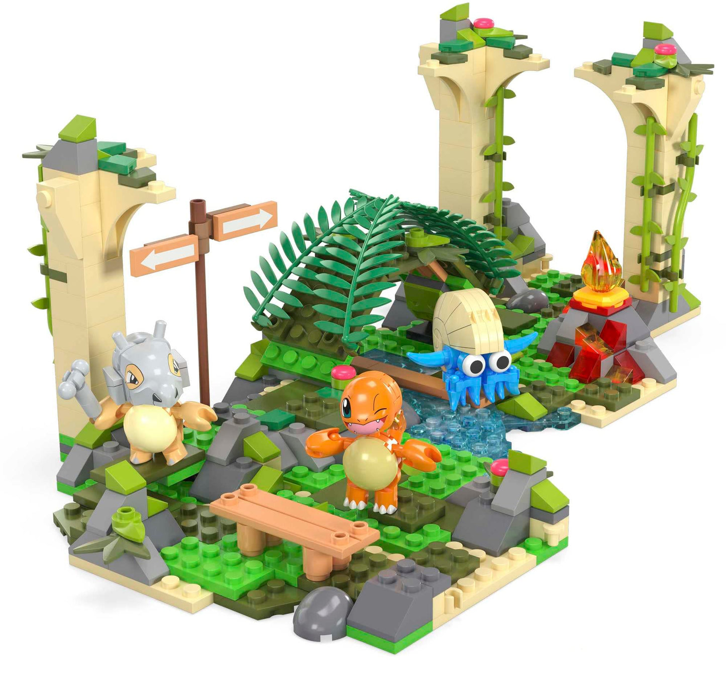 Mega Pokemon Action Figure Building Toy, Jungle Ruins With 464 Pieces, Motion And 3 Characters, Cubone Charmander Omanyte, Gift Idea For Kids