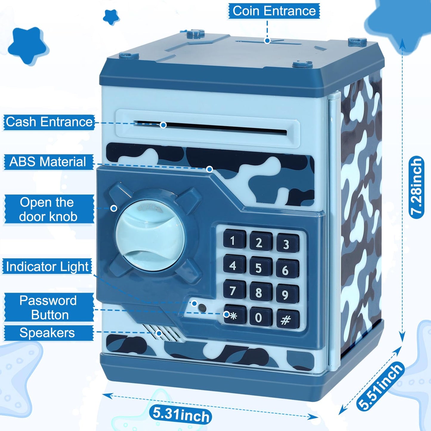 Renvdsa Cartoon Electronic Atm Password Piggy Bank Cash Coin Can Auto Scroll Paper Money Saving Box Gift For Kids (Blue Camouflage)