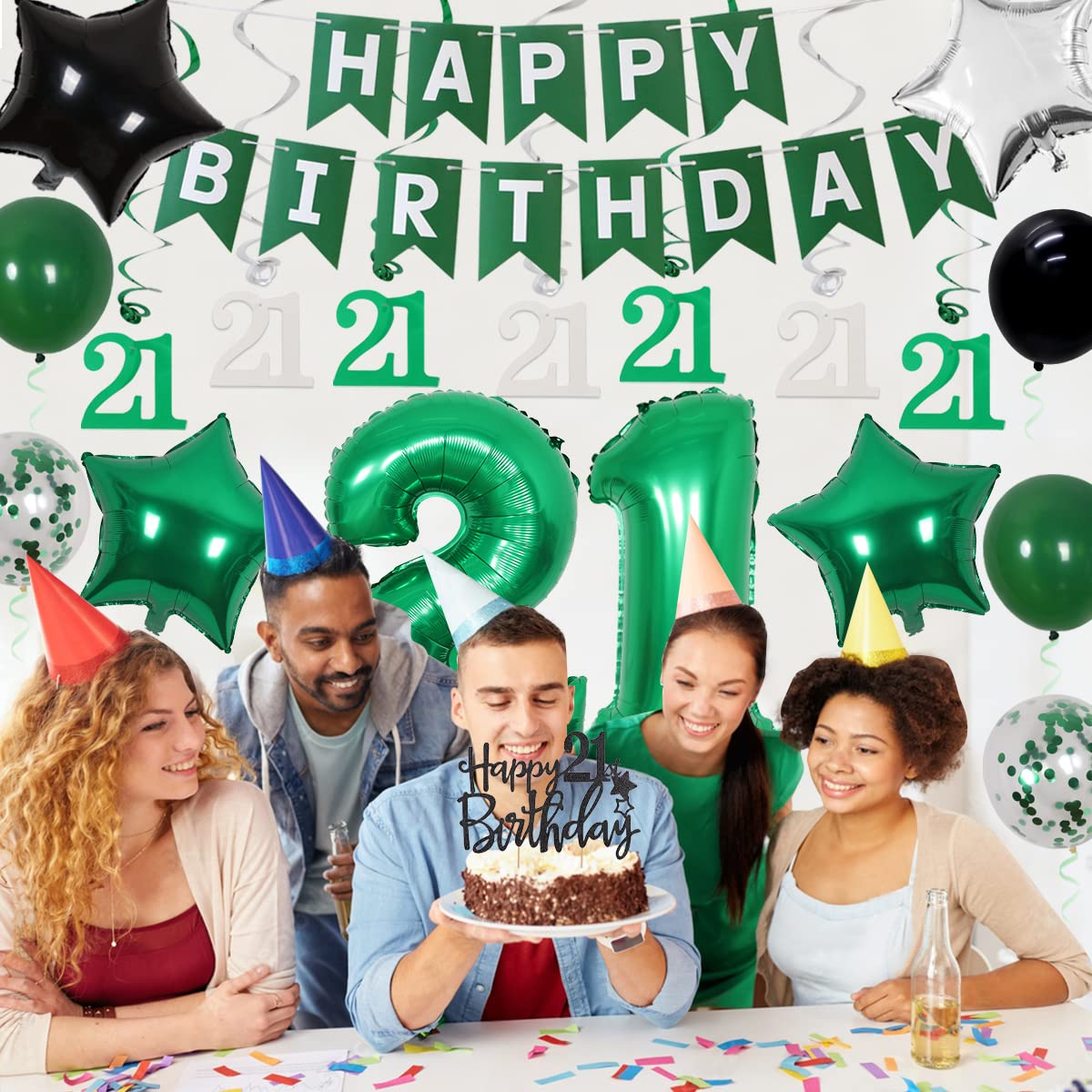 Cheereveal 21St Birthday Decorations For Her Him Green And Black Happy Birthday Banner Cake Topper Number 21 Foil Balloon Hanging Swirls For 21 Year Old Birthday Party Supplies