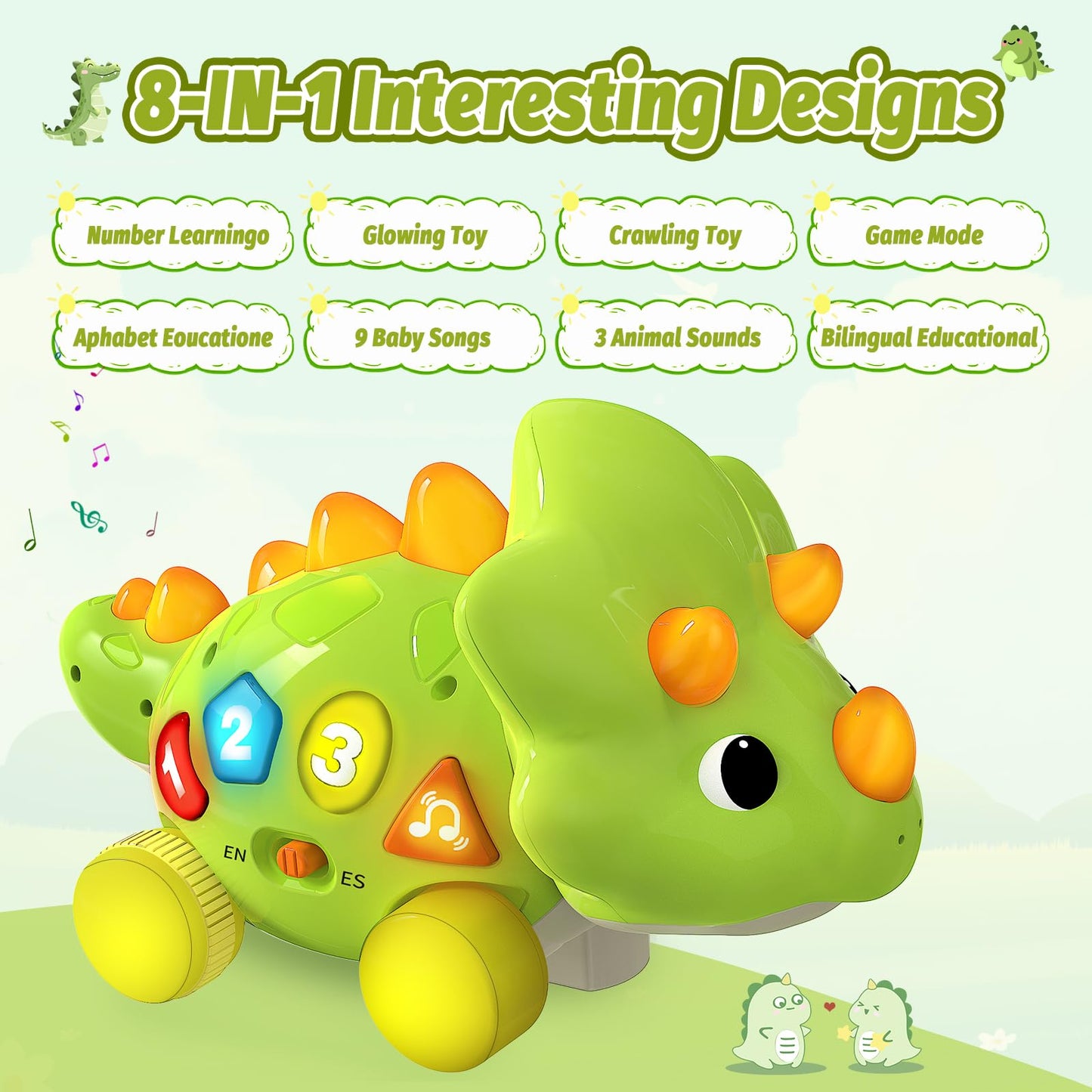 Baby Toys For 1 Year Old Boy Gir - Bilingual Musical Dinosaur Toy, Touch & Go Musical Light Crawling Educational Learning Toys F