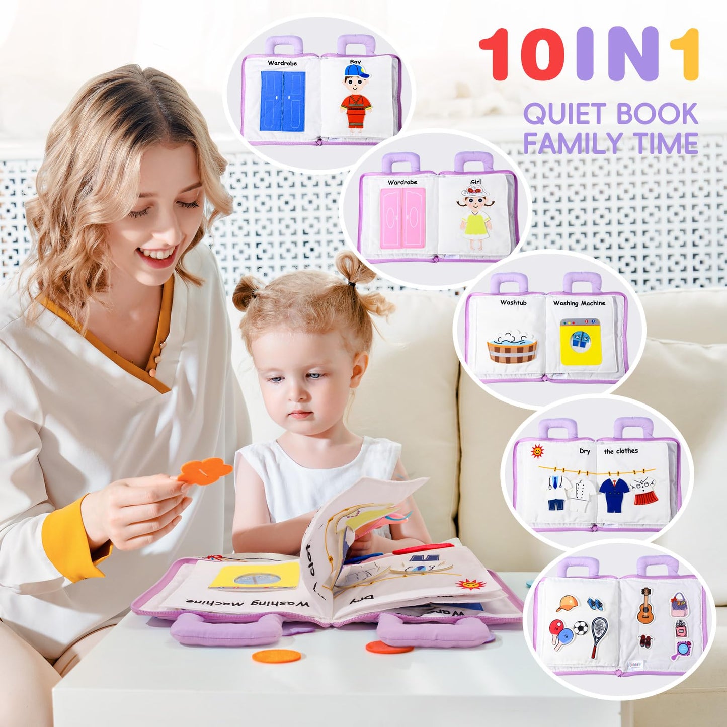 Jollybaby Quiet Book For Kids, Toddler Travel Toys Felt Busy Book Preschool Learning Montessori Toddler Quiet Book 10 Page Activity Book For 2 3 4 Year Old Girls(Purple)