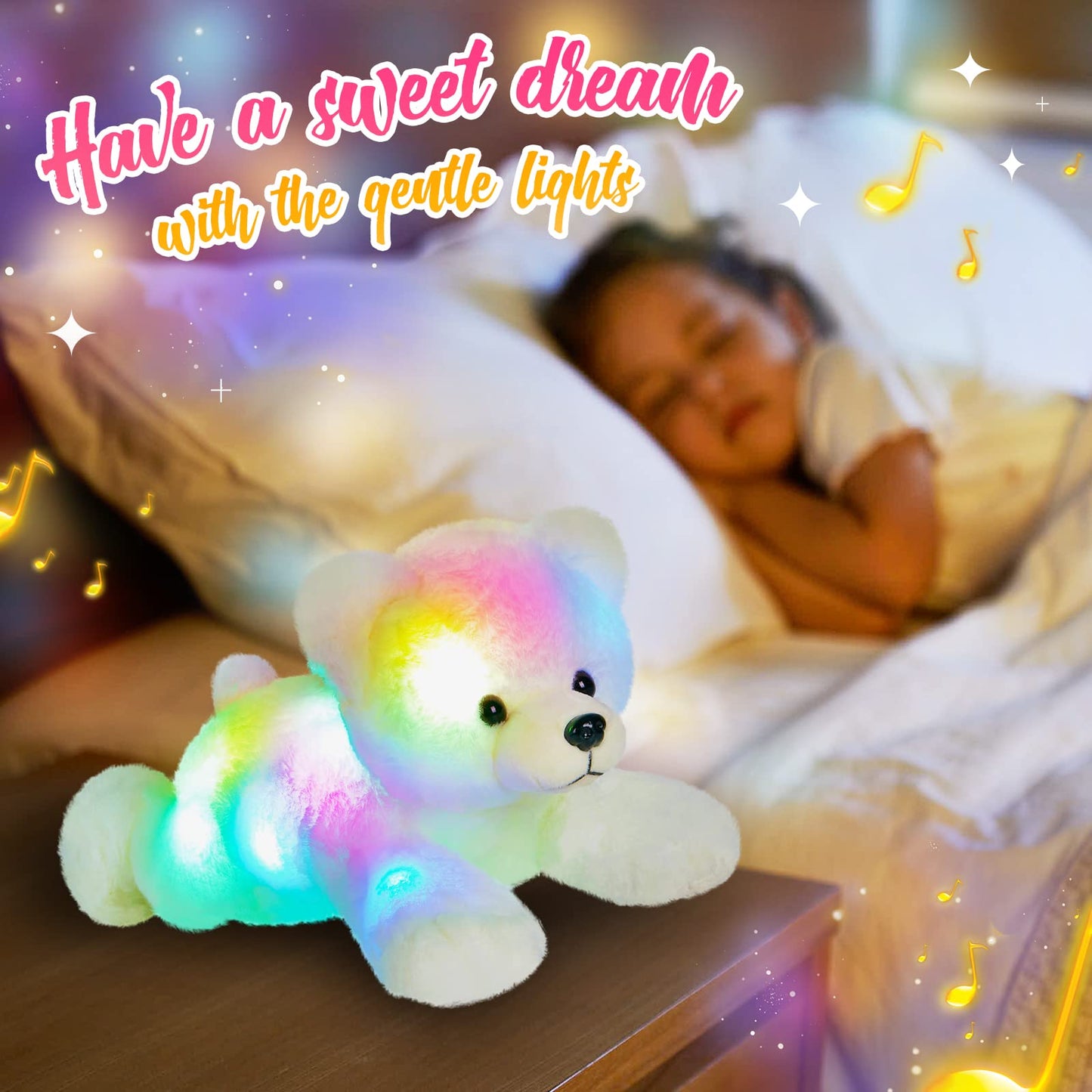 Glow Guards 14'' Musical Light Up Polar Bear Stuffed Animal Led Singing Soft Plush Toy With Rainbow Lullaby Night Lights Glow In The Dark Birthday Children'S Day For Toddler Kids